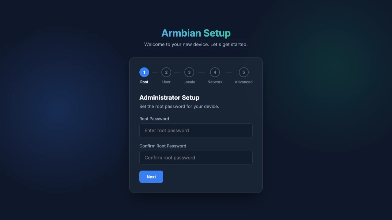 Armbian Setup wizard on step one, Administrator Setup, with root password fields and a progress bar reading Root, User, Locale, Network, Advanced