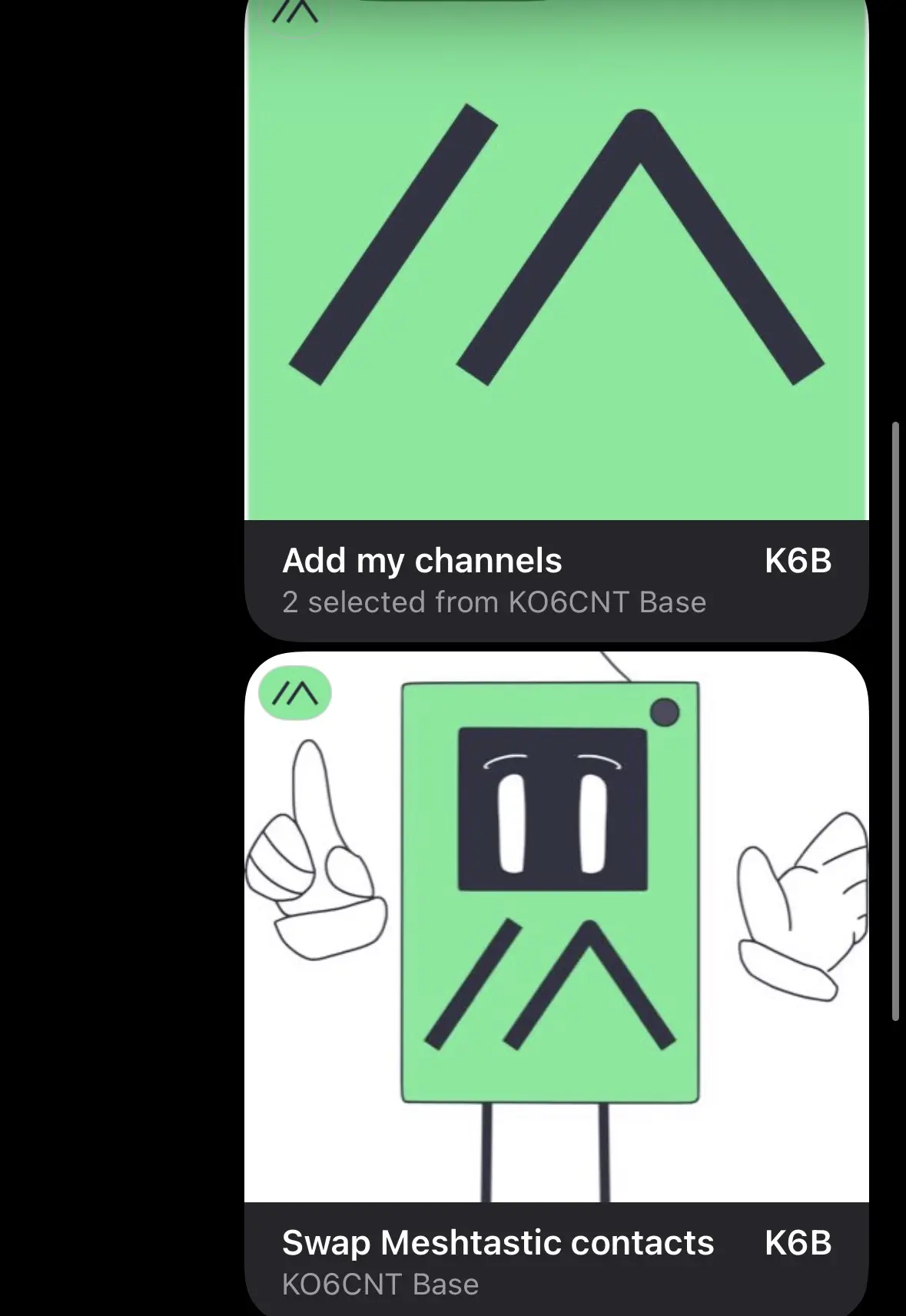 Received selected-channel card and contact card in Messages