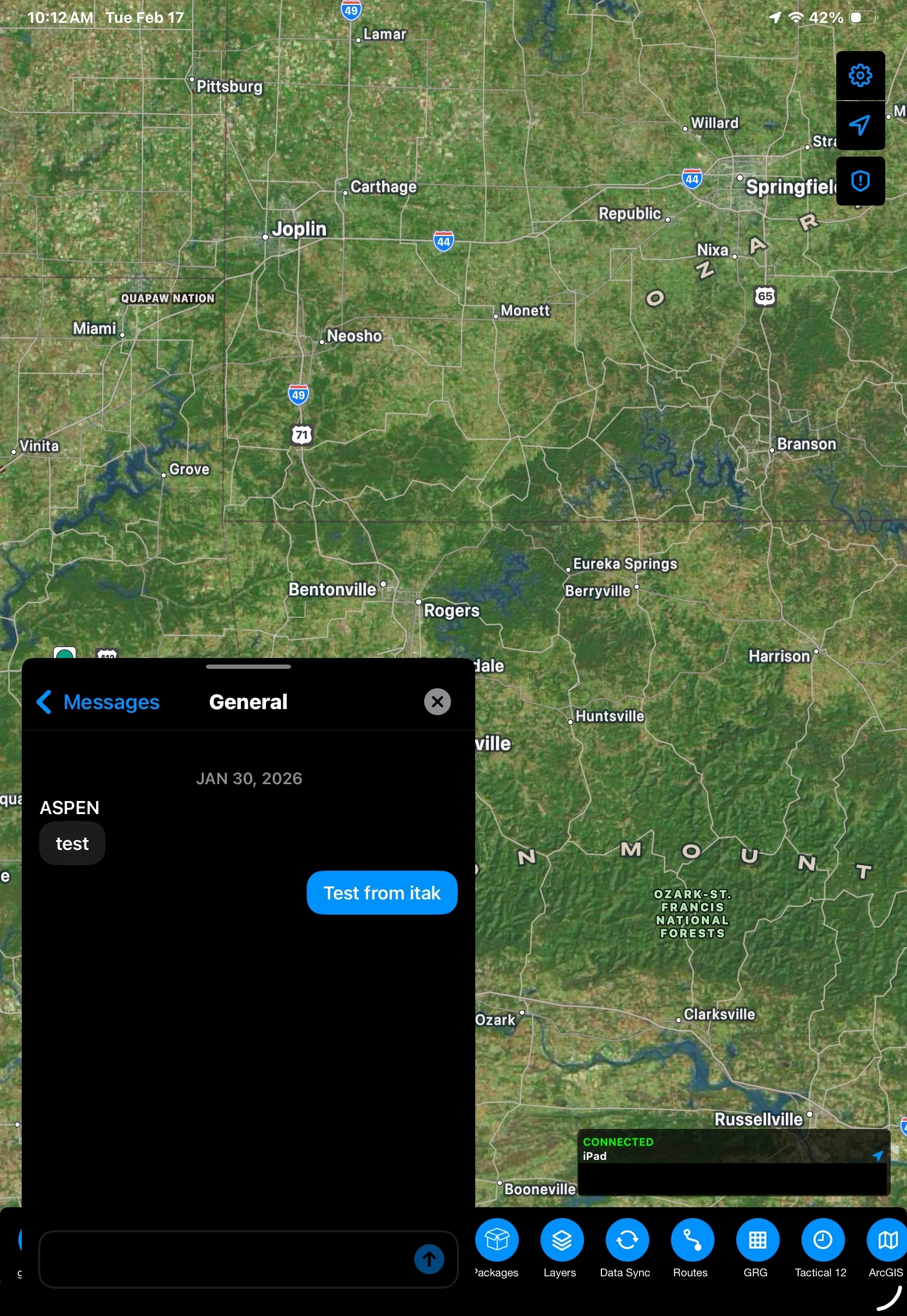 TAK integration example showing GeoChat message