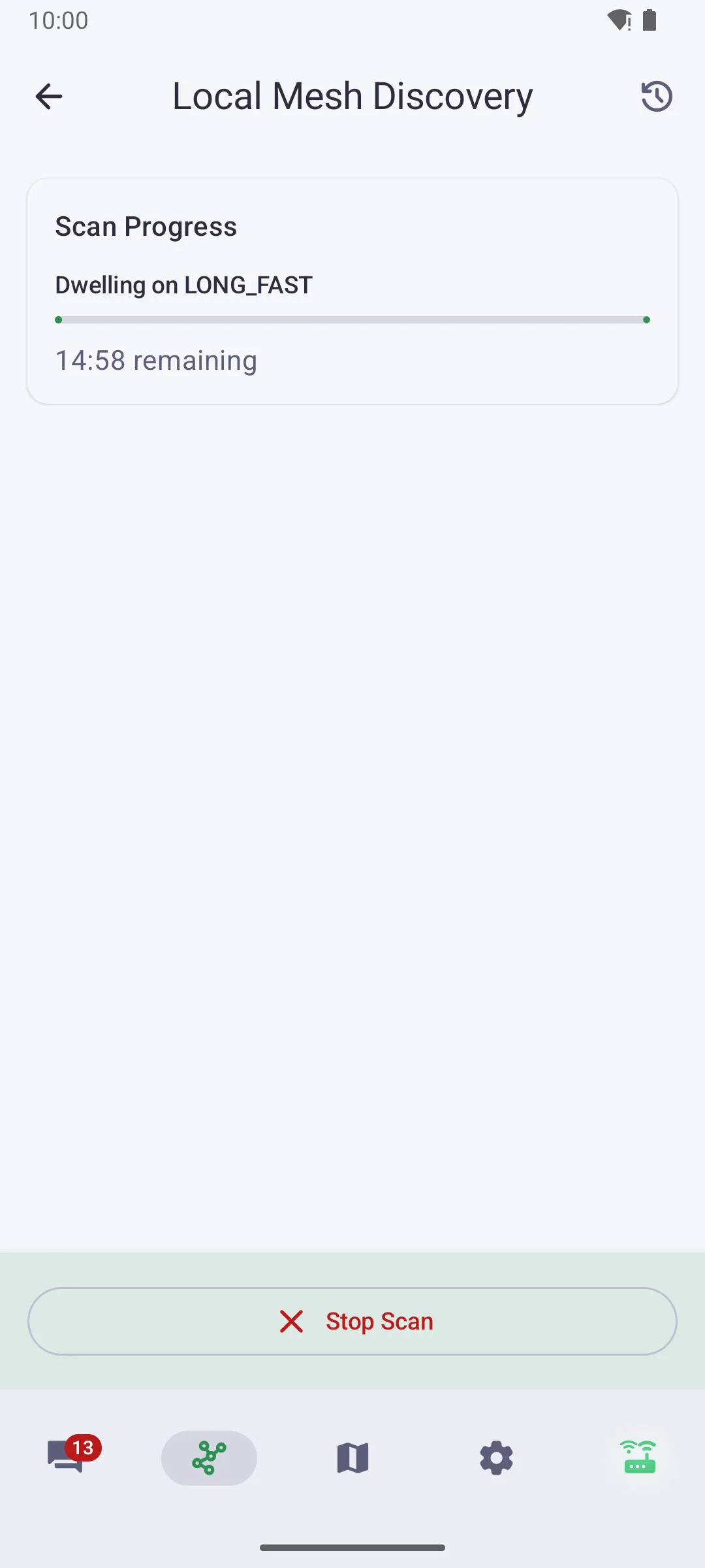 The Android client dwelling on LONG_FAST during a scan, with fourteen minutes and fifty-eight seconds remaining