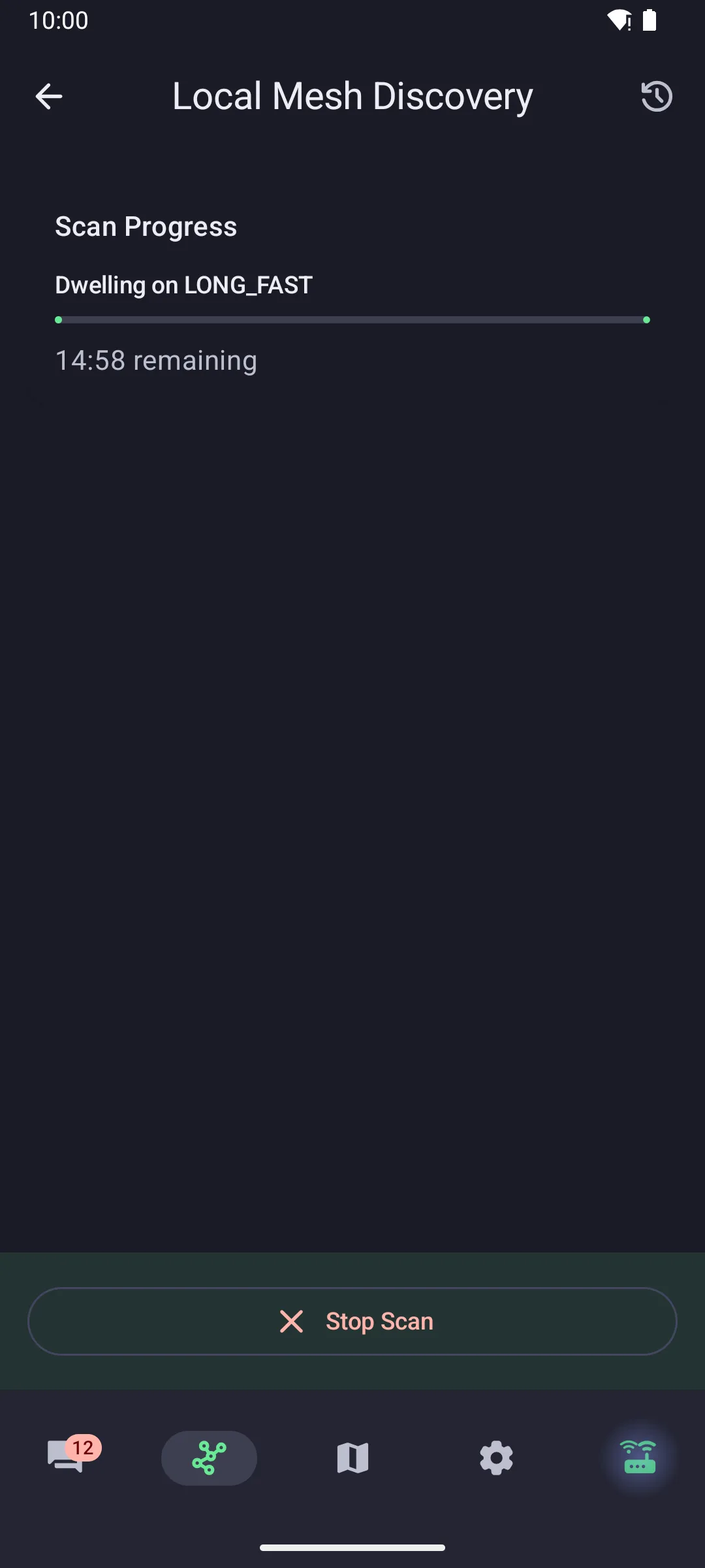The Android client dwelling on LONG_FAST during a scan, with fourteen minutes and fifty-eight seconds remaining