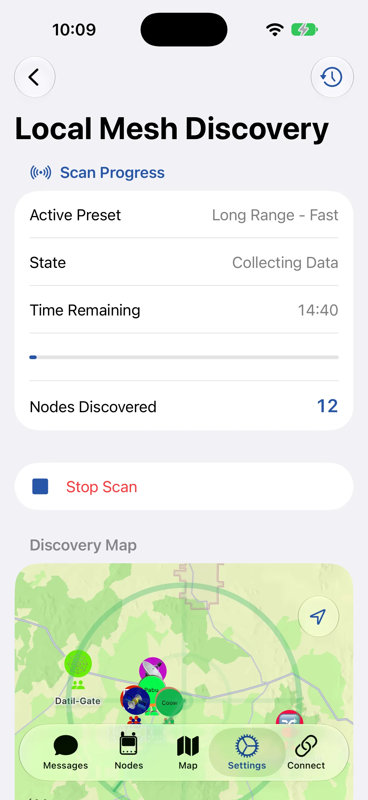 The Apple client collecting data on Long Range - Fast during a scan, with fourteen minutes and forty seconds remaining and twelve nodes discovered
