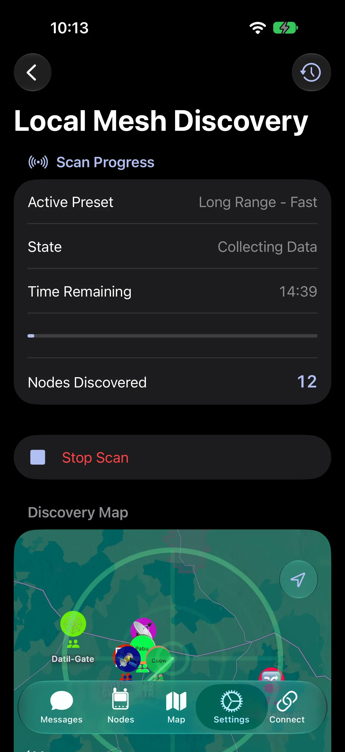 The Apple client collecting data on Long Range - Fast during a scan, with fourteen minutes and forty seconds remaining and twelve nodes discovered